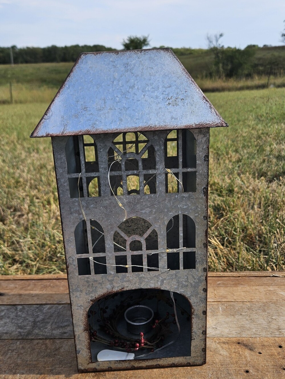 16" Farmhouse Galvanized Metal House Lantern Christmas Village Candle Holder Tin